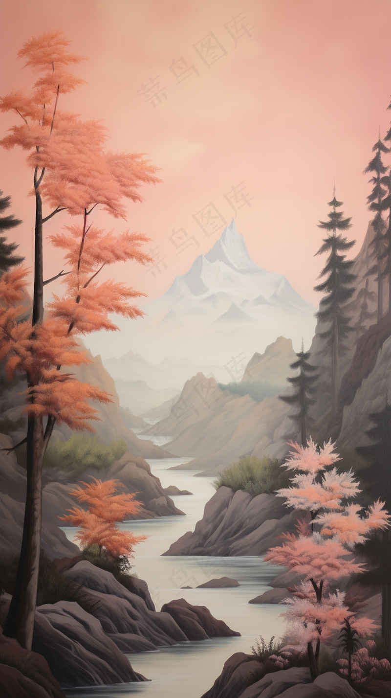 国风山水画河流花草国画水墨画素材背景