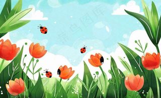 惊蛰雨水谷雨春天二十四节气卡通手绘插画瓢虫昆虫复苏绿色花草卡卡通插画背景