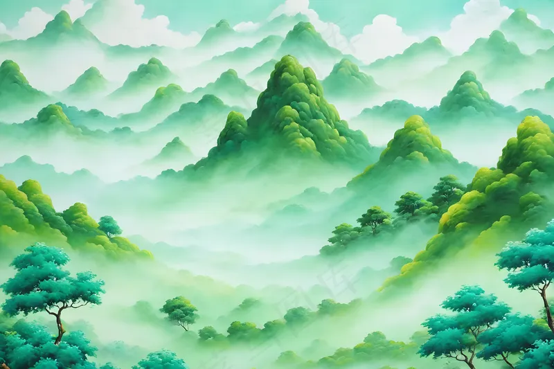 手绘风节气绿色山水画图片