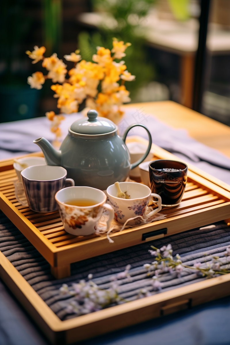 下午茶喝茶赏花摄影图