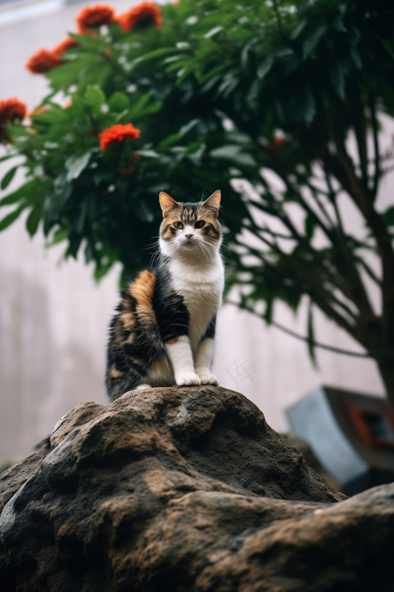 假山上的三花猫咪红茶花树下摄影图(2688x4032)