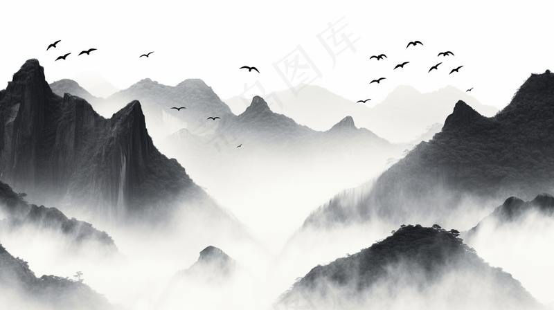 水墨山水画绵绵群山一帆孤影北雁南飞素材背景(4368x2448)