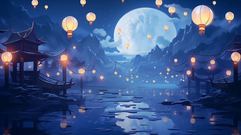 节日灯笼祈福夜晚天水一色蓝色卡通插画插图背景(4368x2448)