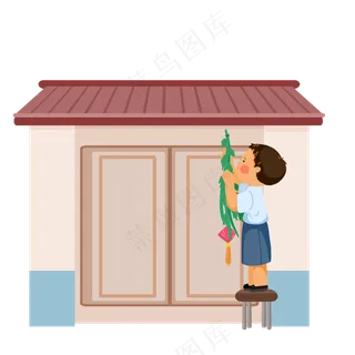 卡通手绘端午节房子小男孩挂艾草元素