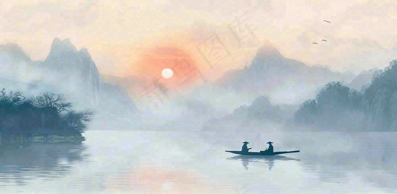 中国风意境水墨山水风景插画背景(1568x768)