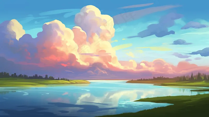 春夏落日余晖草原湖泊卡通插画背景(4368x2448)