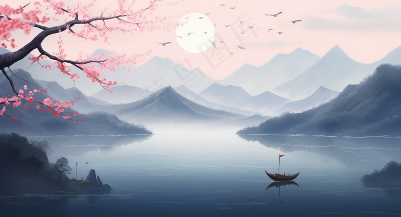 春天桃花渔船山水画水墨插画背景(4368x2364)