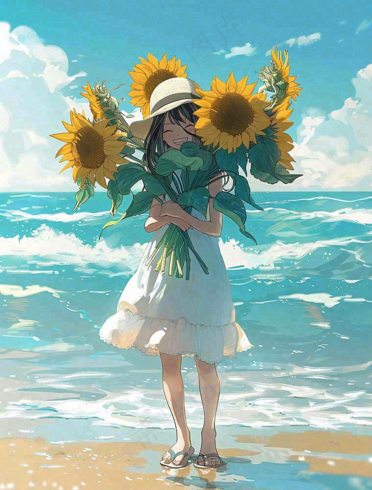 夏日海边女孩抱着一大束向日葵花束旅游游玩立夏夏至卡通插画背景