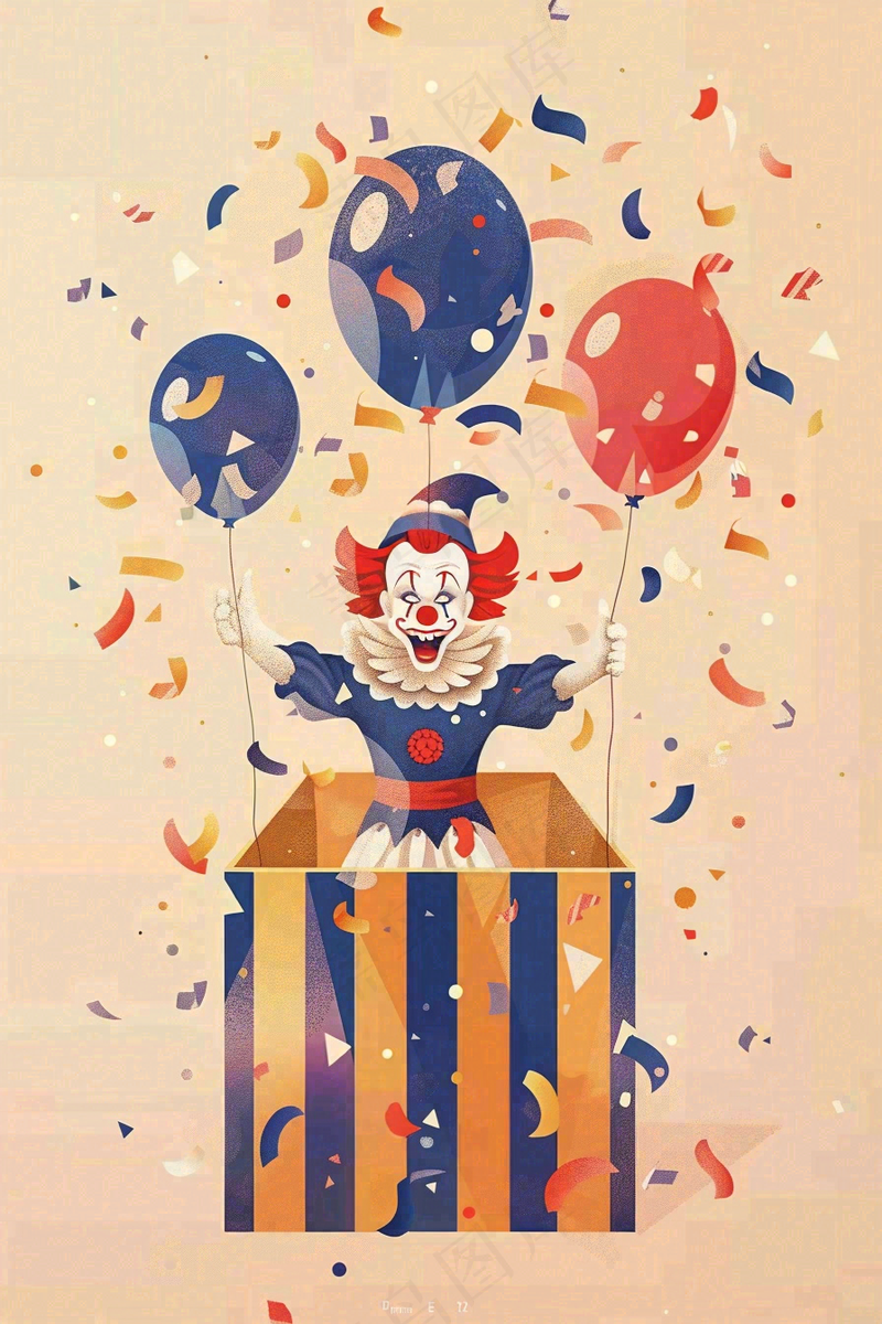 小丑搞怪愚人节游乐园礼盒彩带气球庆祝卡通插画背景(2688x4032)