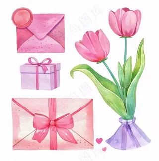礼物礼盒鲜花郁金香信封水彩画插画免抠