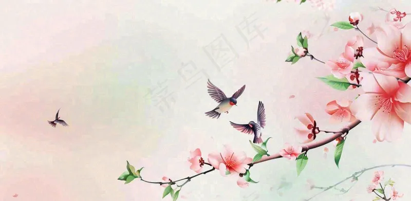 手绘中国风古风春天桃花燕子插画海报背景(1568x768)