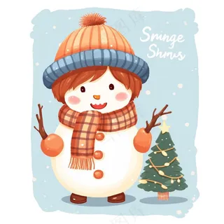 圣诞雪人蓝色橘色帽子围巾卡通插画免抠