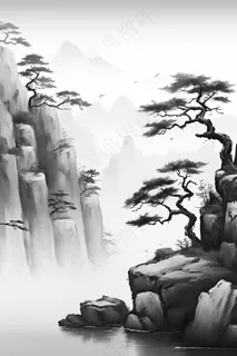 国风山水画河流花草国画水墨画素材背景