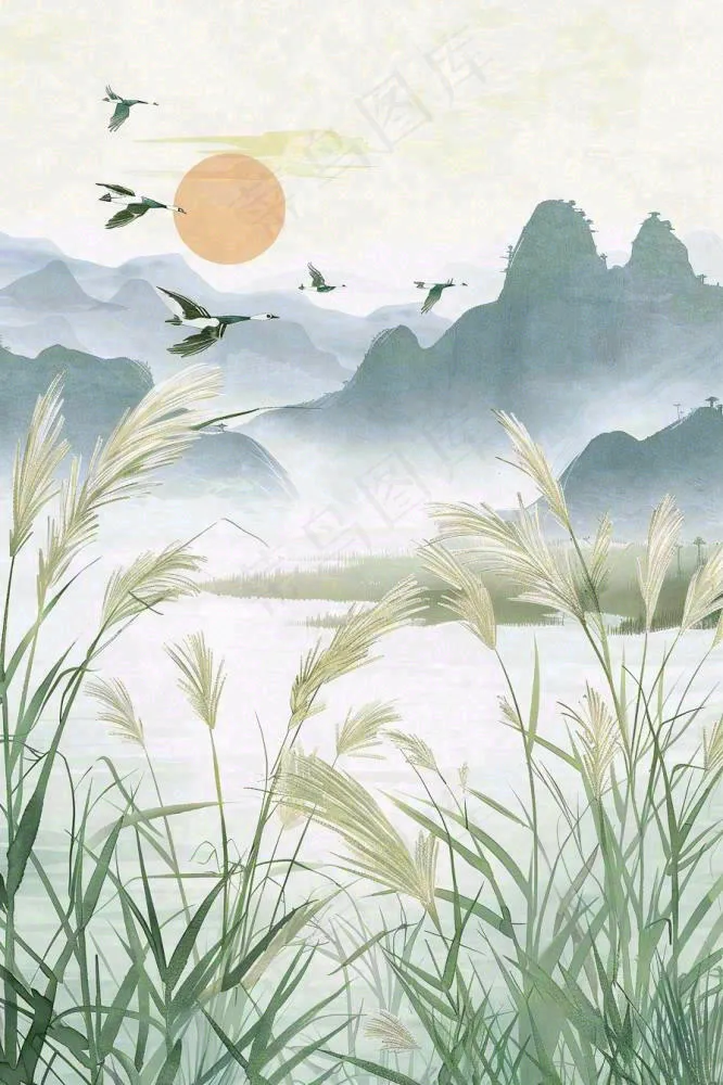 山水水墨芦苇白鹭古风白露寒露处暑插画水彩画背景(896x1344)