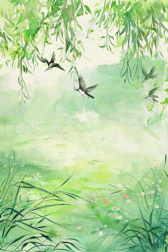春天春暖花开柳树燕子草丛春游踏青立春惊蛰春分水彩插画背景(896x1344)