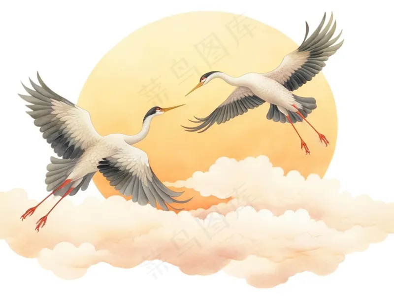 仙鹤祥云太阳云纹国潮插画免抠(1264x960)