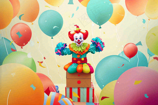 小丑搞怪马戏团游乐园愚人节气球彩带庆祝卡通插画背景