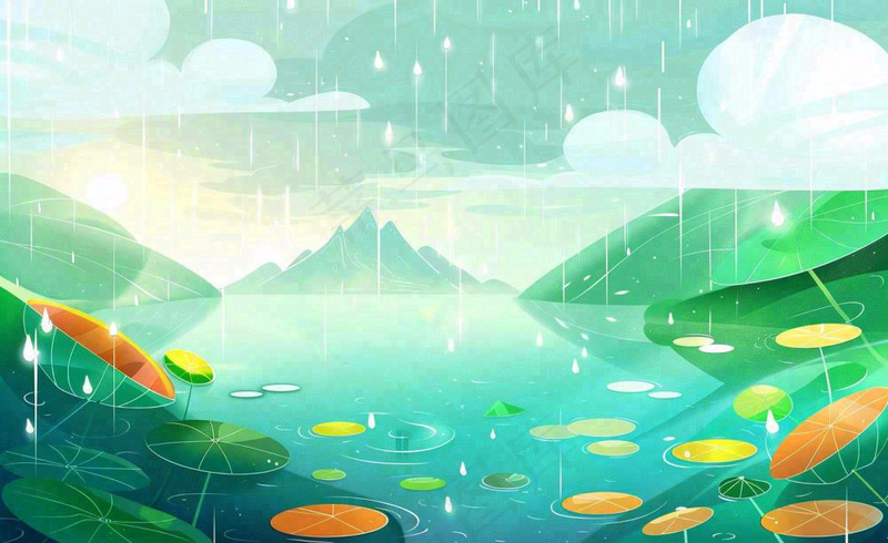 夏日荷花盛开暴雨天气山水花处暑小暑卡通插画背景(1408x864)