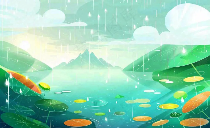 夏日荷花盛开暴雨天气山水花处暑小暑卡通插画背景(1408x864)