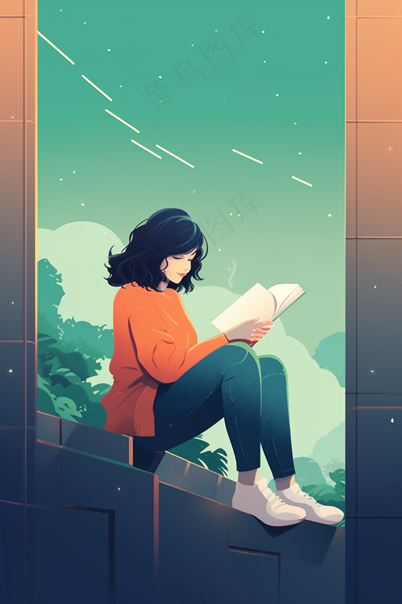 坐窗台看书的女孩少女沉思卡通插画背景(2688x4032)