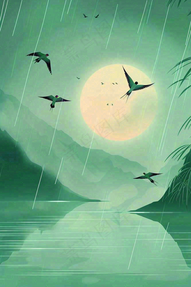 春天雨天夜晚月亮燕子山水画清冷雨水谷雨清明插画 背景(896x1344)