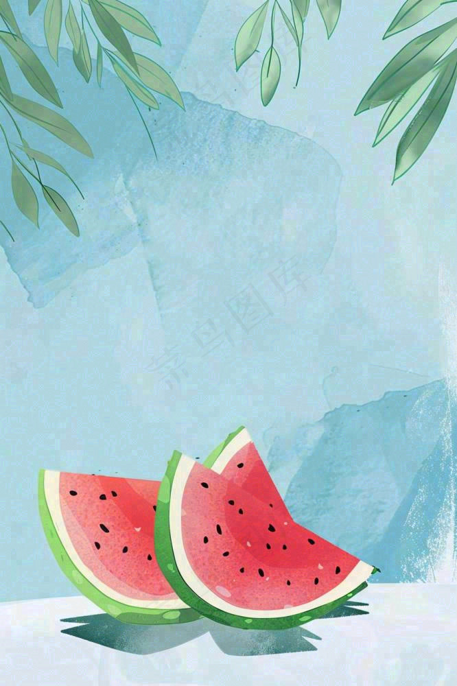 夏日清凉西瓜水彩绘画立夏小暑处暑夏至插画背景(896x1344)