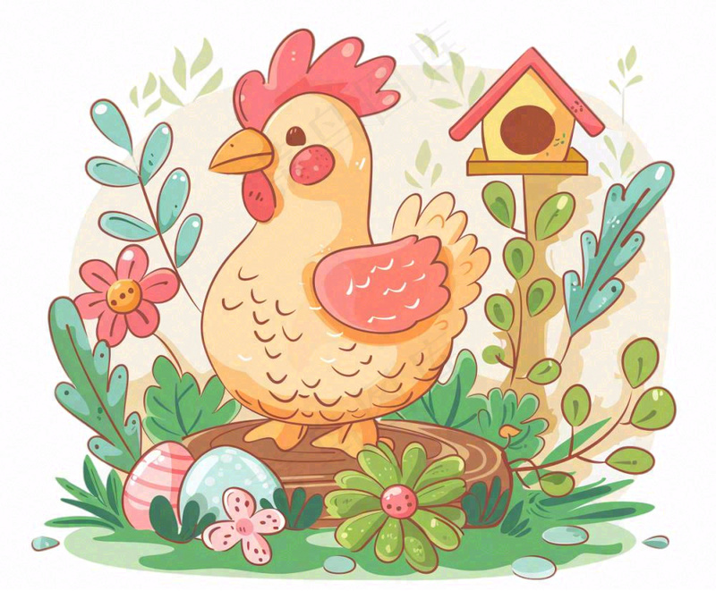 母鸡鸡窝孵鸡蛋植物木屋牲畜动物卡通插画免抠(1200x992)