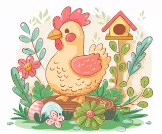 母鸡鸡窝孵鸡蛋植物木屋牲畜动物卡通插画免抠