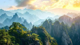 清晨日出朝霞云层山川摄影图