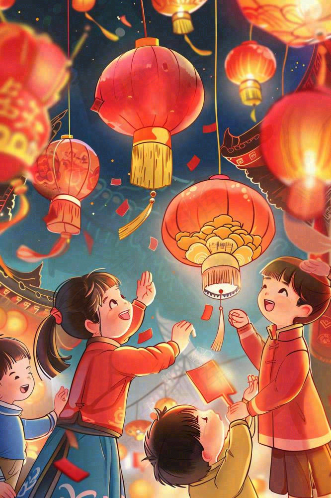 新年热闹的街道张灯结彩红色喜庆背景(896x1344)