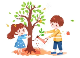 植树节学生们植树浇水爱护环境卡通插画免抠