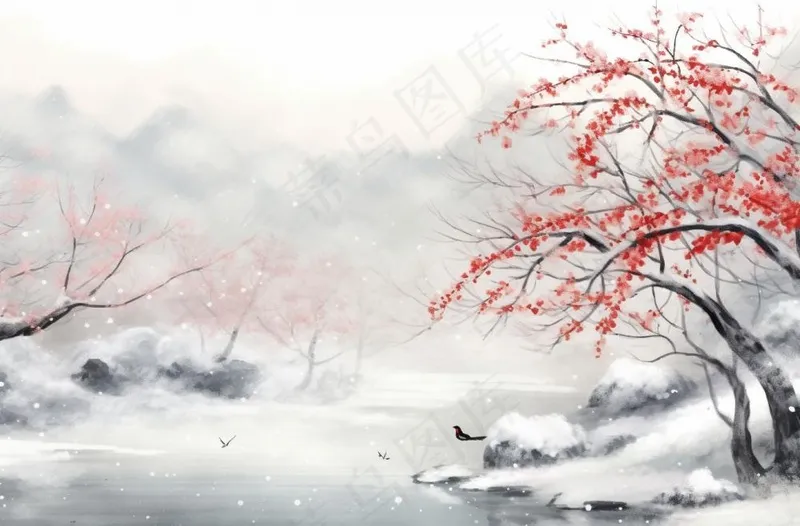 冬季山水梅花山峰水墨画中国风插画背景(1360x896)
