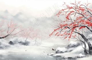 冬季山水梅花山峰水墨画中国风插画背景