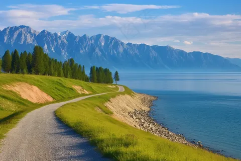 湖畔公路大自然风景摄影图