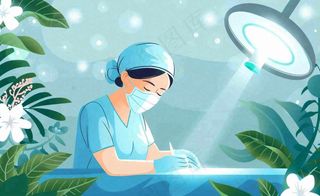 卡通医生护士做手术绿植绿色创意卡通插画背景