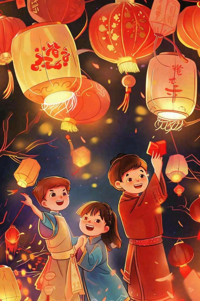 新年热闹的街道张灯结彩红色喜庆背景(896x1344)