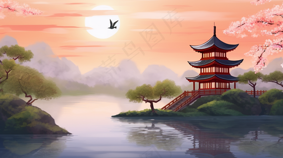 古风古建筑山水画阁楼凉亭春天山花烂漫插画背景