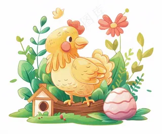 母鸡鸡窝孵鸡蛋植物木屋牲畜动物卡通插画免抠