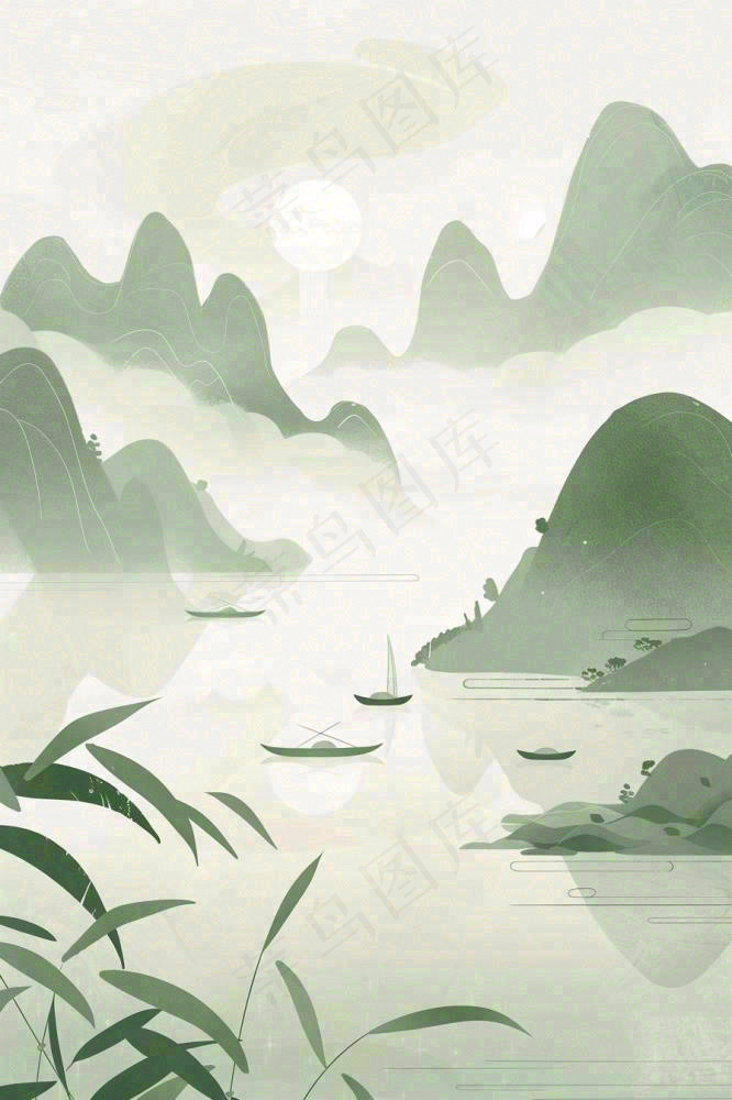 水墨画山水小船绿水青山清明端午插画背景(896x1344)