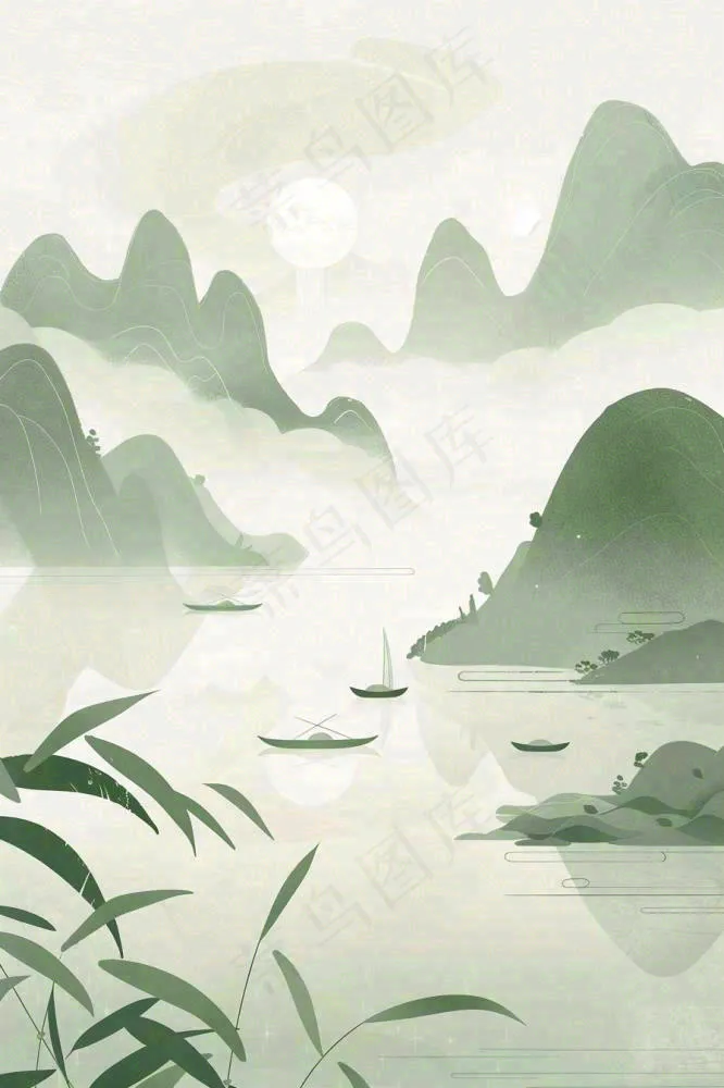 水墨画山水小船绿水青山清明端午插画背景(896x1344)
