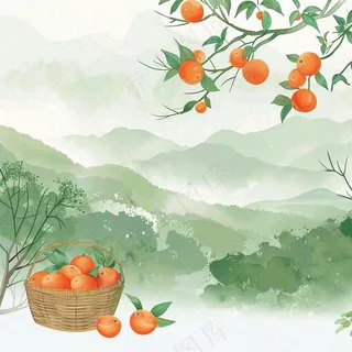 秋天丰收季果树成熟果篮橘子黄杏处暑立秋秋分卡通插画背景