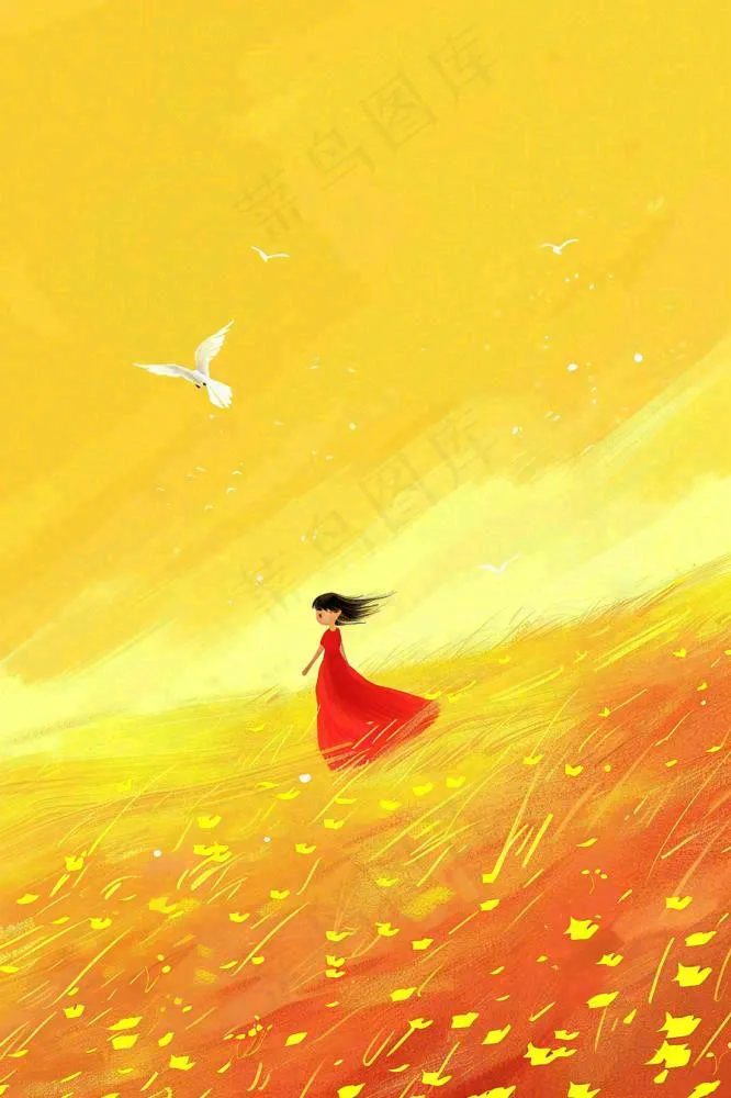 秋天金黄背景花丛红裙子少女白鹭立秋秋分白露插画背景(896x1344)