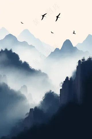 中国山川山峰层峦叠嶂国画水墨画素材背景