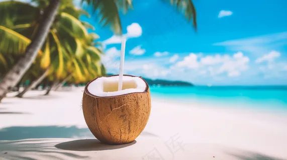 夏日海边沙滩椰子饮料摄影图