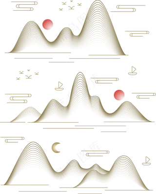 山水波浪祥云中式国风线条112免扣素材