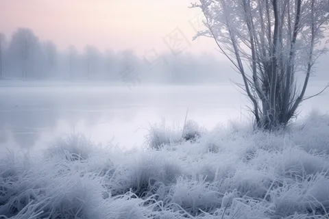 冬天清晨湖边的草地树木被白雪覆盖雾凇摄影图