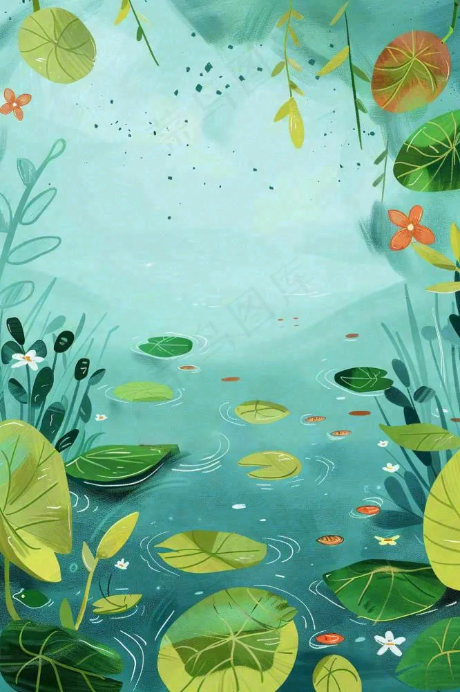 夏日池塘荷花睡莲水塘立夏小暑大暑处暑插画背景(896x1344)