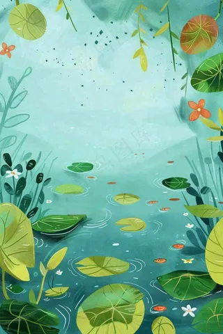 夏日池塘荷花睡莲水塘立夏小暑大暑处暑插画背景