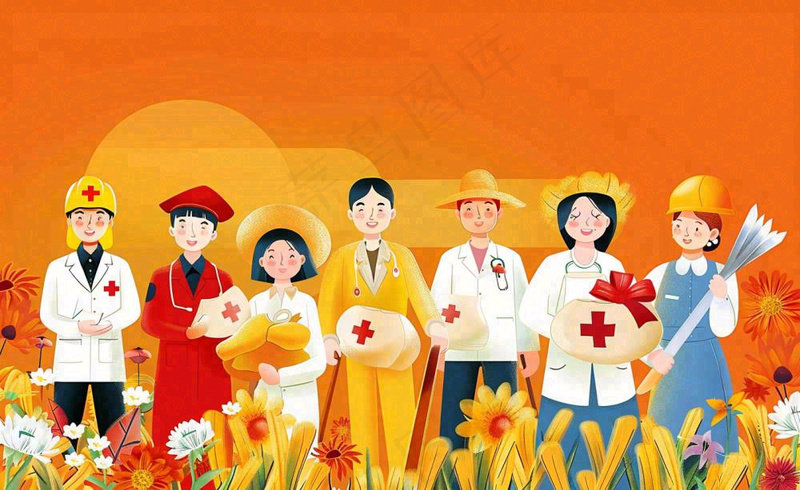 卡通人物劳动节职业人员橙色背景卡通插画背景(1408x864)