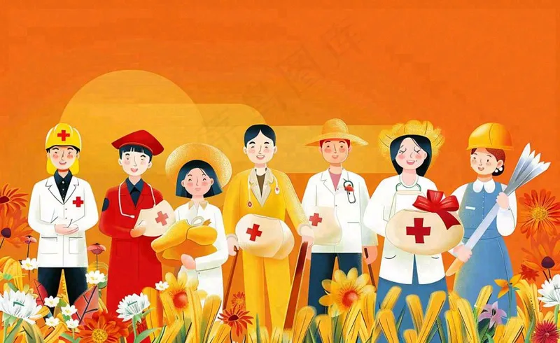 卡通人物劳动节职业人员橙色背景卡通插画背景(1408x864)